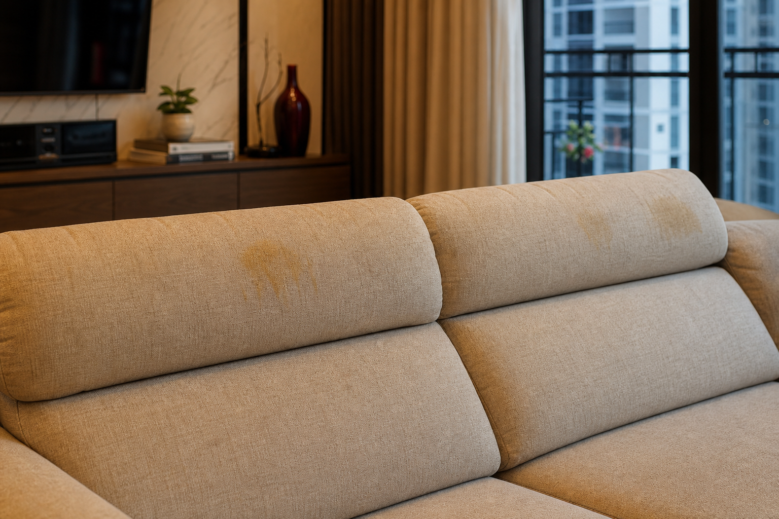sofa vải bị ố vàng vùng tựa đầu và tay vịn
