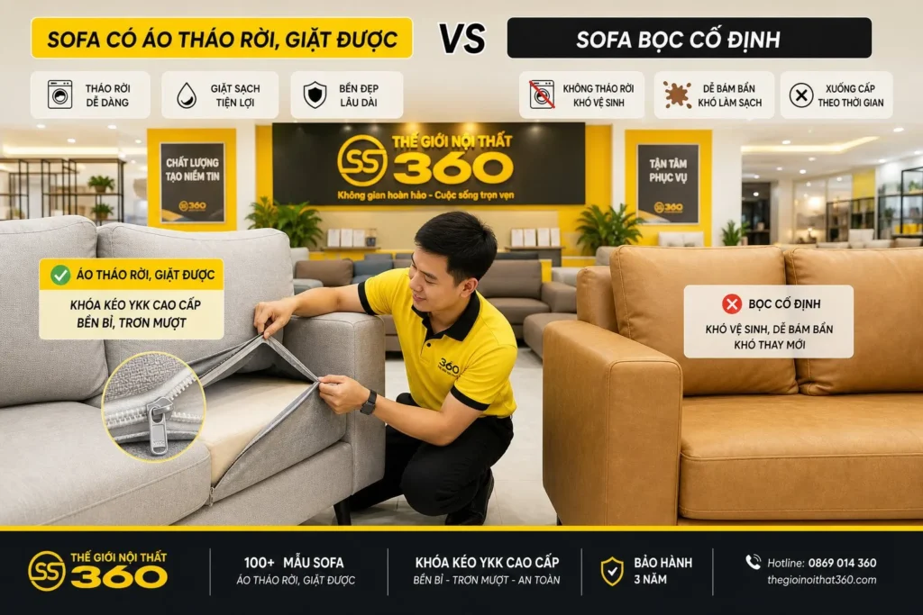 sofa vỏ bọc tháo giặt được và không tháo so sánh