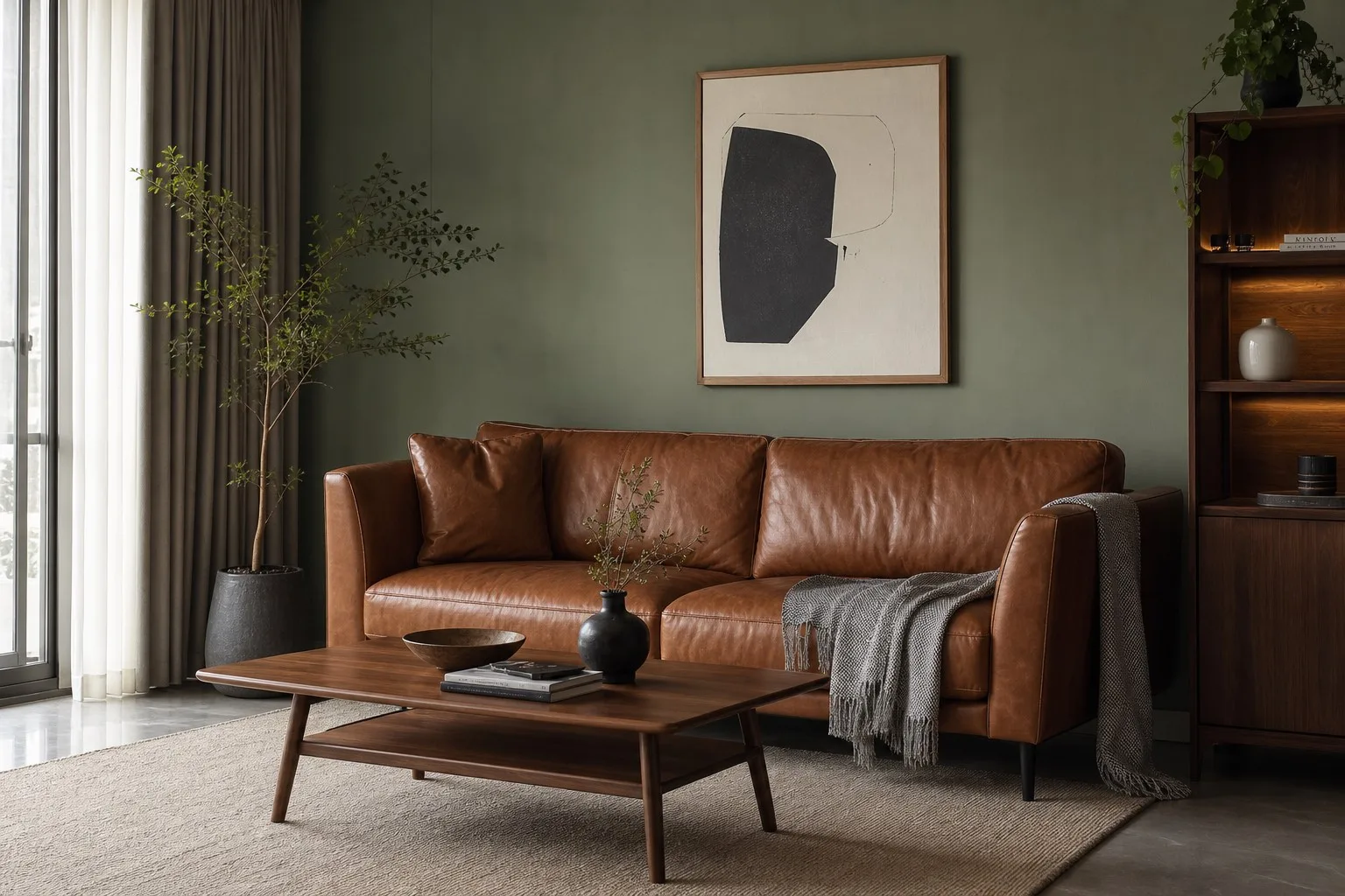 Sofa da nâu cognac phối tường xanh sage phòng khách