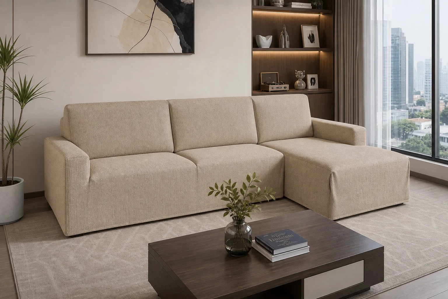 Tấm phủ sofa màu be trên ghế vải phòng khách