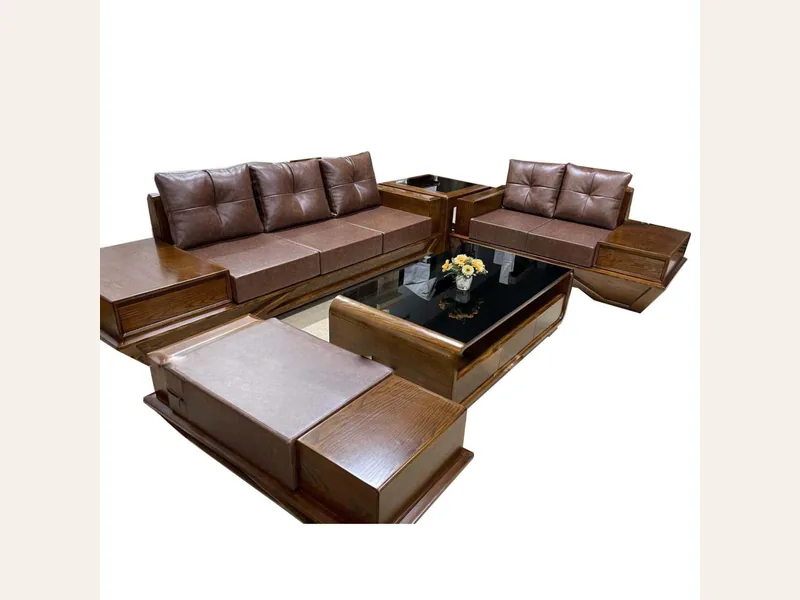 Bộ bàn ghế gỗ sồi nga cao cấp - bàn trà sofa phòng khách - ảnh 1 thực tế tại showroom Ghế Sofa 360 Hải Phòng