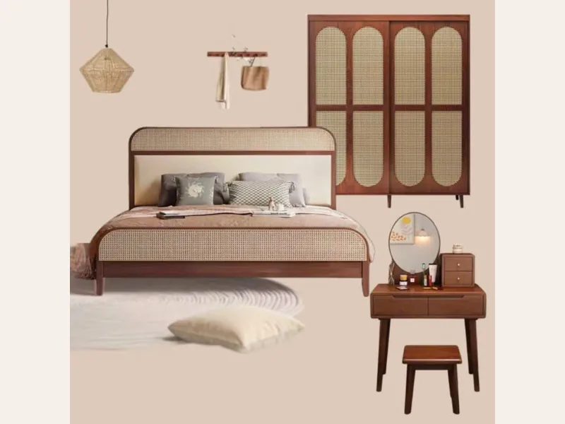Bộ sản phẩm phòng ngủ 100, gỗ tự nhiên cổ điển cao cấp, hoạ tiết mây tre đan vintage tối giản cho - tủ quần áo gỗ công nghiệp - ảnh 1 thực tế tại showroom Ghế Sofa 360 Hải Phòng