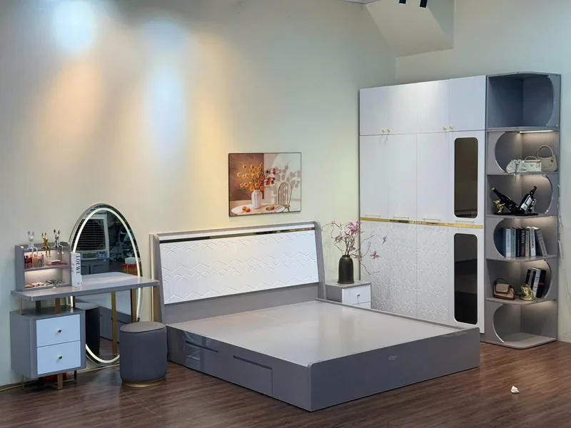 Combo giường tủ gỗ công nghiệp soi trám - combo nội thất phòng khách - ảnh 3 thực tế tại showroom Ghế Sofa 360 Hải Phòng