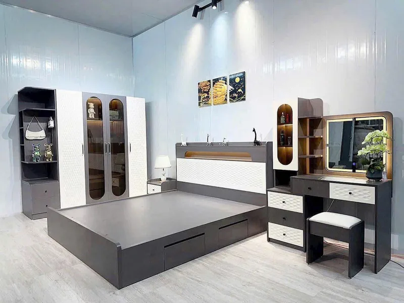 Combo giường tủ gỗ công nghiệp soi trám - combo nội thất phòng khách - ảnh 2 thực tế tại showroom Ghế Sofa 360 Hải Phòng