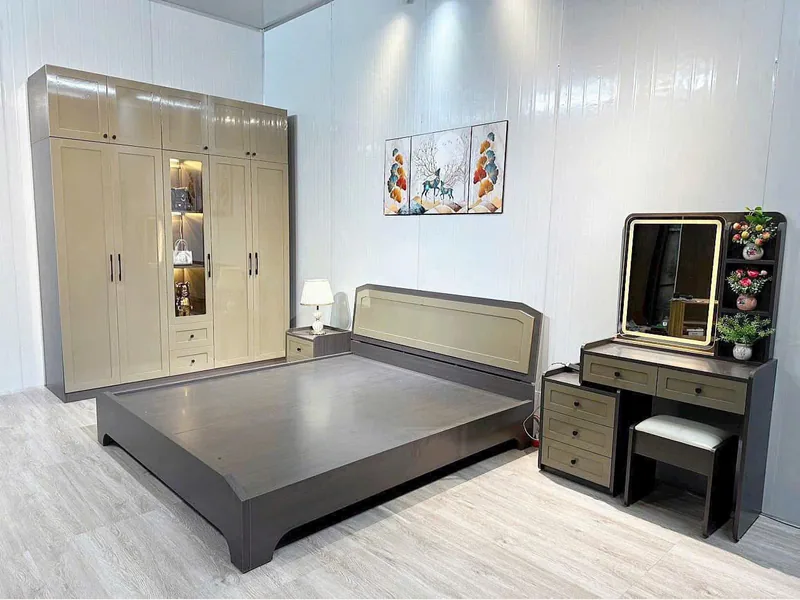 Combo giường tủ gỗ công nghiệp soi trám - combo nội thất phòng khách - ảnh 3 thực tế tại showroom Ghế Sofa 360 Hải Phòng