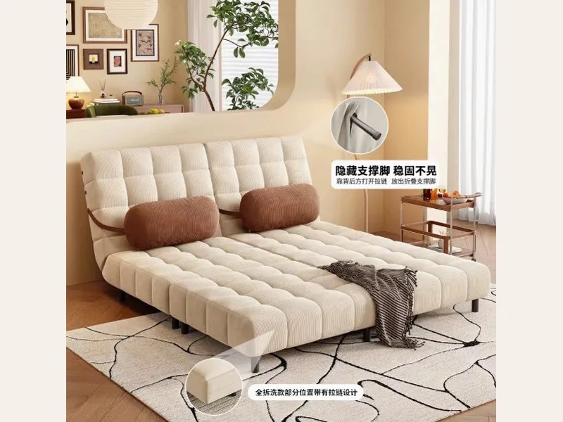 Giường sofa kem kiểu Pháp gấp đa năng phòng khách căn hộ nhỏ phong cách retro giường đơn gấp đa năng mới 2025 - giường ngủ gỗ công nghiệp - ảnh 3 thực tế tại showroom Ghế Sofa 360 Hải Phòng