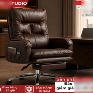 Ghế giám đốc cao cấp Đệm bọc da siêu dày Ngả lưng kèm gác chân Chân thép sang trọng bền bỉ