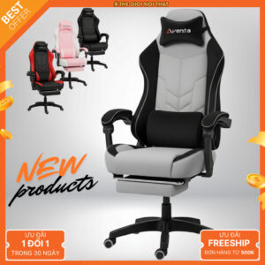 Ghế gaming công thái học bọc nệm mềm , làm việc chơi game , Chính hãng AVENTA - Da Pu hoàn thiện cao cấp không nhăn